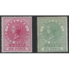 GB IRELAND QV- 6d Carmine-Rose 6d Pale Green PETTY SESSIONS Revenue Stamps Pair MM/MNH