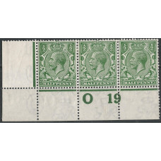  GB - KGV - Sg351 ½d Green 0 19 Perf Control Block x 3 MM /MNH