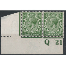  GB - KGV - Sg351 ½d Green Q 21 Imperf Control Block x 2 MM /MNH