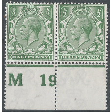  GB - KGV - Sg351 ½d Green M 19 Perf Control Block x 2 MM /MNH
