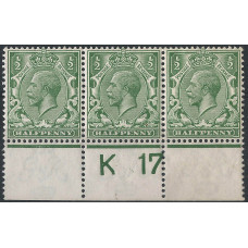  GB - KGV - Sg351 ½d Green K 17 Perf Control Block x 3 MM /MNH