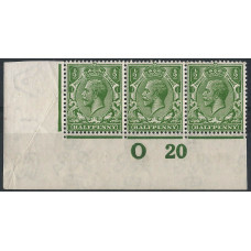  GB - KGV - Sg351 ½d Green 0 20 Perf Control Block x 3 MM