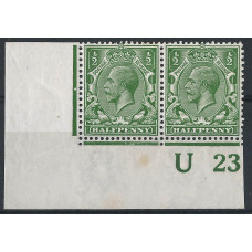  GB - KGV - Sg351 ½d Green U 23 Imperf Control Block x 2 MM /MNH