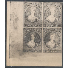New Zealand 2d Chalon Proof Block 4 on card New Zealand 2d Chalon Proof Block 4 on card