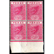 Malaya Perak Sg62 - 2c. rose 1892 Marginal block x 4 MNH