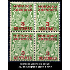 Morocco Agencies Sg128 - 3c. on ½d. green block x 4 MNH