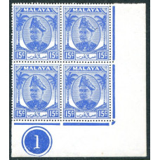Malaya Selangor Sg100 - 15c. ultramarine in Plate Block of 4 MNH + M/M Malaya Selangor Sg100 - 15c. ultramarine in Plate Block of 4 MNH + M/M