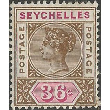 Seychelles Sg32 - 1897-1900 - 36c Brown & Carmine Cat £48 LMM Seychelles Sg32 - 1897-1900 - 36c Brown & Carmine Cat £48 LMM