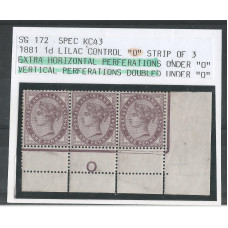 Queen Victoria Sg172  1d Lilac Control 'O' Perforations at Base 'Doubled' Variety MM